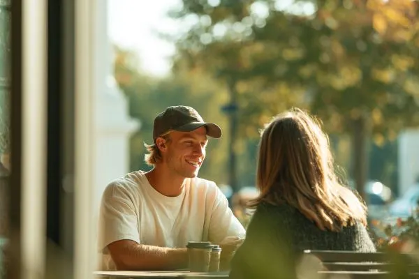 Conversation autour d'un café entre deux personnes – sugar dating en Suisse romande