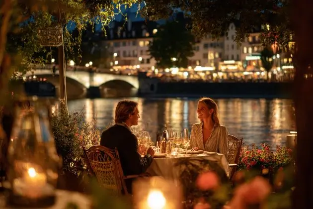 Elegantes Paar beim Sugar Date in Basel – Rheinufer Abendessen